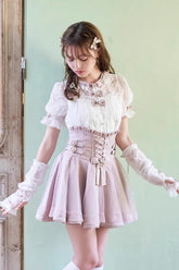 Japanese High Waisted Ruffle Mesh Belt Buckles Jirai Kei Skirt 3 Colors